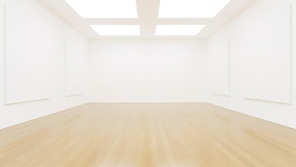Minimalist White Room with Wooden Floor and Skylights.