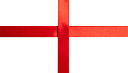 Cut out image of red satin cross-stretch ribbons. Glossy silk yellow ribbons for holiday gift box isolated on transparent background.	
