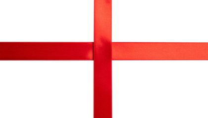 Cut out image of red satin cross-stretch ribbons. Glossy silk yellow ribbons for holiday gift box isolated on transparent background.	