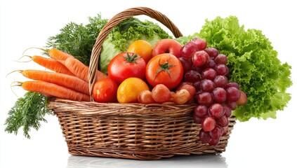 A wicker basket overflows with a colorful assortment of fresh fruits and vegetables