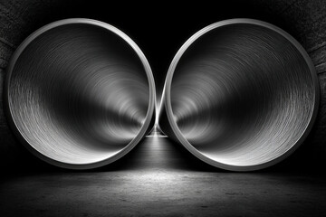 Shiny chrome pipes intersecting in geometric industrial structure with strong lighting