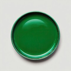 A close-up, overhead view of a round container filled with vibrant glossy green paint