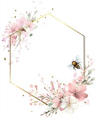 Watercolor floral design with pink blooms, a bee, and a golden geometric frame