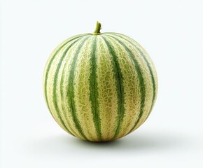 A perfectly ripe cantaloupe, round with green stripes, set against a white background
