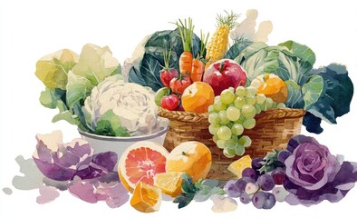 Watercolor illustration of a basket brimming with fresh, colorful produce