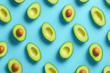 Overhead shot of halved avocados, showing creamy flesh and seed, on a bright blue background