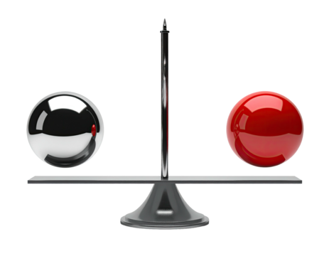 A 3D rendered illustration of a balance scale with two spheres