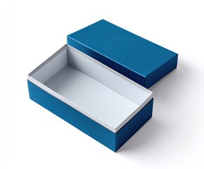 Open, blue rectangular box with lid, revealing a white interior, cast shadow on white