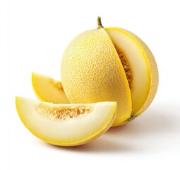 A ripe, halved melon with two slices against a white background