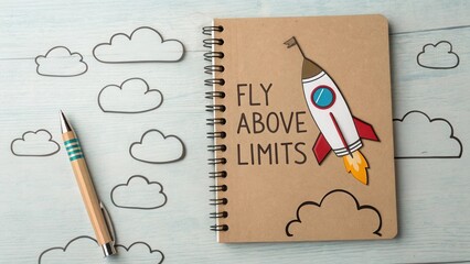 Inspirational notebook with rocket drawing and motivational quote encouraging creativity and ambition in personal development