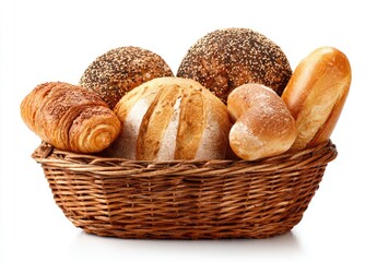 A variety of fresh baked bread & pastries displayed in a woven basket, isolated on white