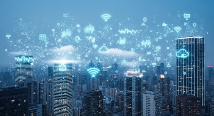 Modern cityscape illuminated with digital network symbols, representing connectivity, cloud computing, and wireless communication amidst towering buildings under a twilight sky, showcasing advanced...