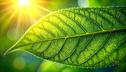 Macro view of a vibrant green leaf with sunlight shining through
