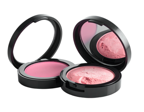 Two open blush compact cases with pink product
