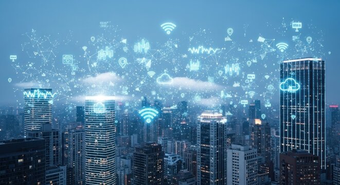 Modern cityscape illuminated with digital network symbols, representing connectivity, cloud computing, and wireless communication amidst towering buildings under a twilight sky, showcasing advanced...