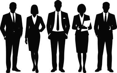 Business people silhouette group, men and women in formal suits, standing together, professional teamwork concept, corporate office team illustration