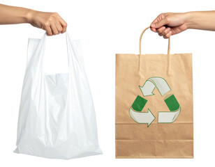 Hands holding a plastic bag and a paper bag