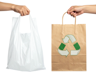 Hands holding a plastic bag and a paper bag