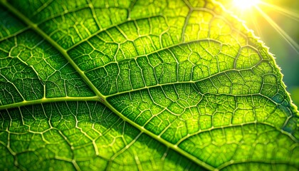 Obraz premium Sunlit green leaf macro showing intricate vein patterns and natural beauty