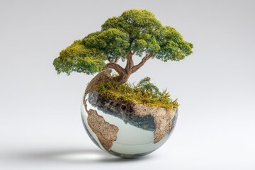 Miniature tree sprouts from a glass globe, Earthy interior with lush greenery