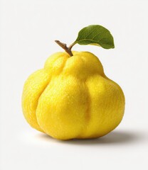 A ripe, bright yellow fruit with a bumpy surface, small stem, and a single green leaf