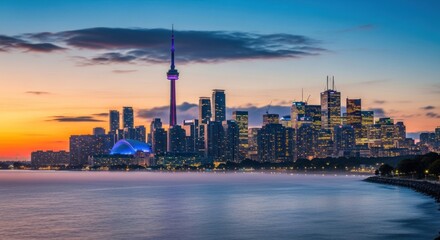Naklejka premium Stunning panoramic view captures a cityscape at twilight with a towering structure and illuminated buildings against an evolving sky, with water forming the foreground.