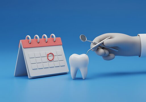 Dental appointment concept with tooth examination and calendar reminder for scheduling regular checkups and oral hygiene consultations with dentist on blue background