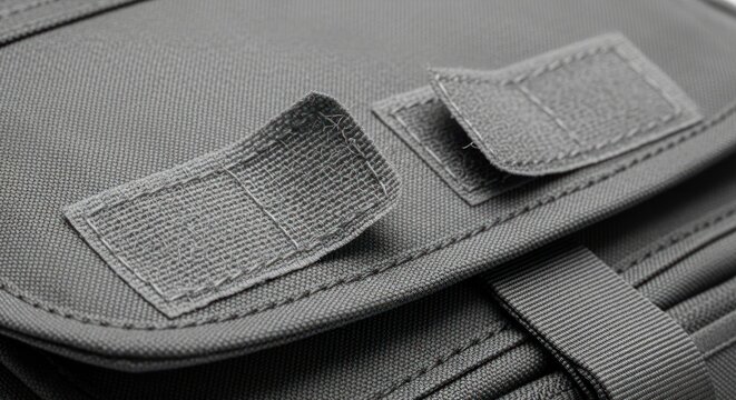 Detailed  captures the texture and design of a gray fabric surface, with stitched elements and structured shapes, showcasing woven material and functional closures with hook and loop fasteners.