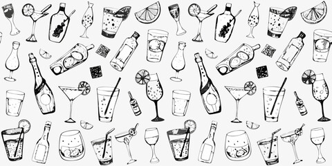 Hand drawn sketch pattern of various cocktails and bottles for a party or celebration