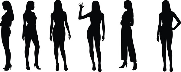 Silhouette of women standing, different female poses with hands and body posture, fashion model outline, stylish female figure illustration design