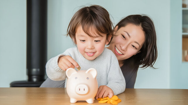 Mother teaching child financial literacy with piggy bank