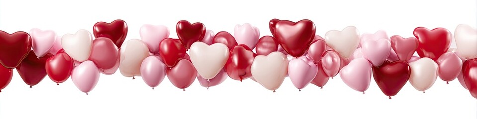 A horizontal string of heart-shaped balloons in varying shades of red and pink against a white background