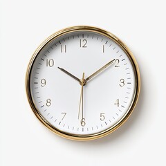 A round analog wall clock with a gold frame and white face, isolated on white