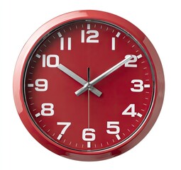 Close-up of a red, circular clock with white numerals and silver hands against white