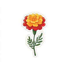 A cartoon illustration of a marigold flower with vibrant orange, red, and yellow petals