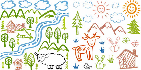 Charming hand drawn childrens illustration of a rural landscape with animals and nature elements