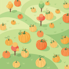 Autumn Harvest Pumpkins Scattered Across Rolling Hills.