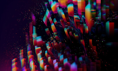 Vibrant 3D Cityscape with Colorful Glitch Effect