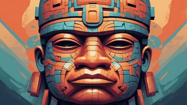 Abstract modern portrait inspired by Olmec head motifs.