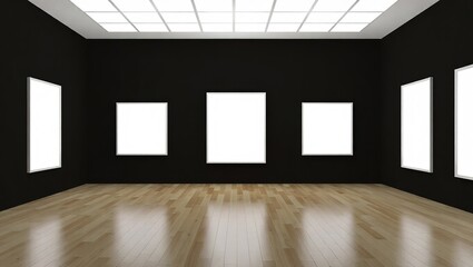 Modern Art Gallery Interior with Empty White Frames on Black Walls.