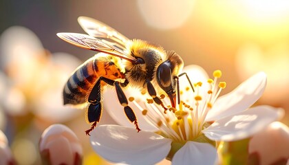 Close-up of a bee collecting nectar from a blooming white flower on a sunny day