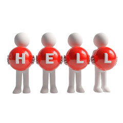 Four Figures Hold Red Balls Spelling HELL on Transparent Background
