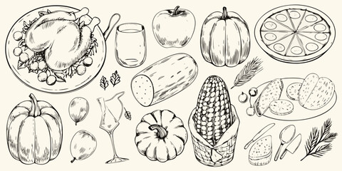Hand drawn thanksgiving harvest feast illustration with roasted chicken pumpkins corn and grapes
