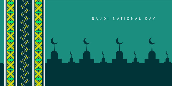 Arabic text: Our pride is in our nature. Saudi National Day 95 logo identity green decorative background.