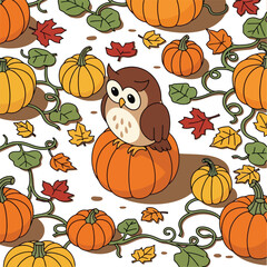 Cute Owl Perched on a Pumpkin Surrounded by Autumn Leaves.