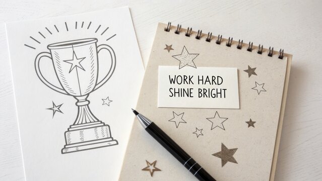 Inspirational trophy drawing and notebook with motivational quote for personal growth, creativity, and achievement