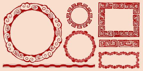 Collection of traditional chinese red decorative borders and frames with swirls and geometric patterns