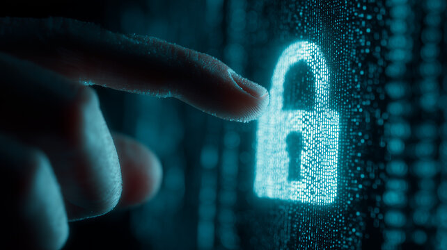A detailed secure access concept depicted with a finger approaching a digital padlock on a data surface, symbolizing authentication, privacy, and protected entry to sensitive systems.

