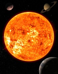 Fiery sun surrounded by planets in deep space