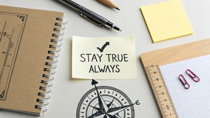 Inspirational workspace setup with stationery, motivational note, sketchbook, compass, and pen for creativity and productivity enhancement